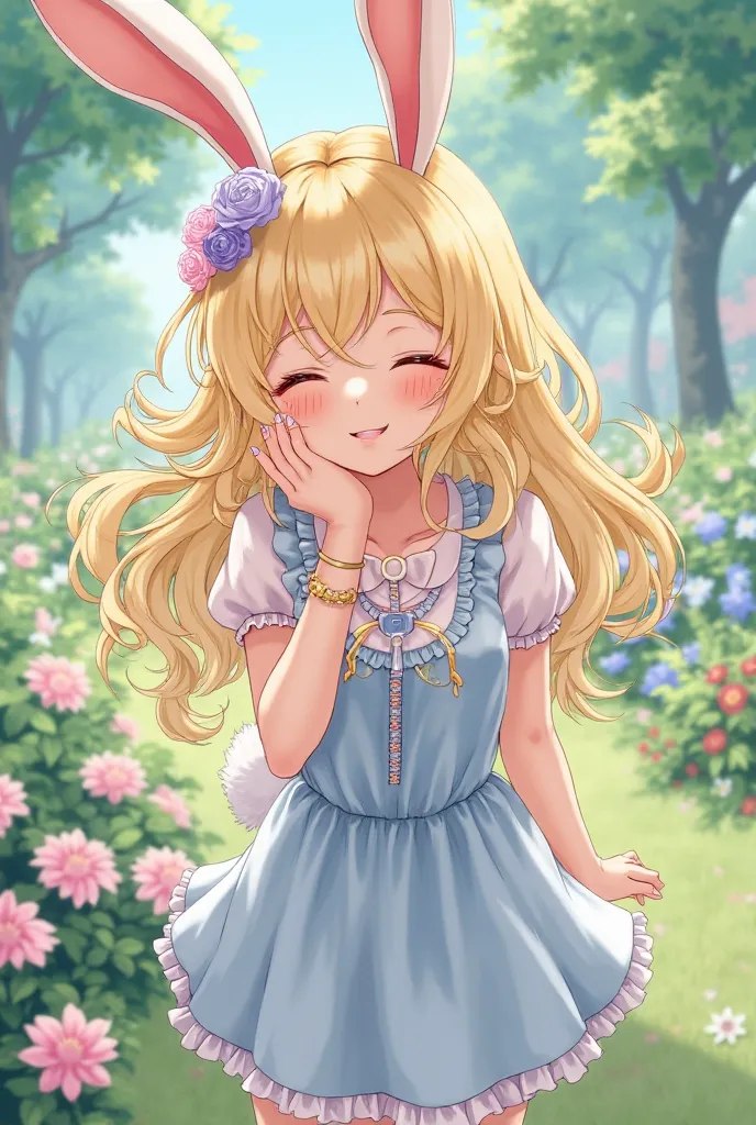 18-year-old anime-style woman,  Exquisite and Expensive Bracelet , very light blonde long hair with curlers, eyes closed with blonde eyelashes, cute dress with short blue ruffles, crouched rabbit ears and rabbit tail, Background a park with lots of flowers