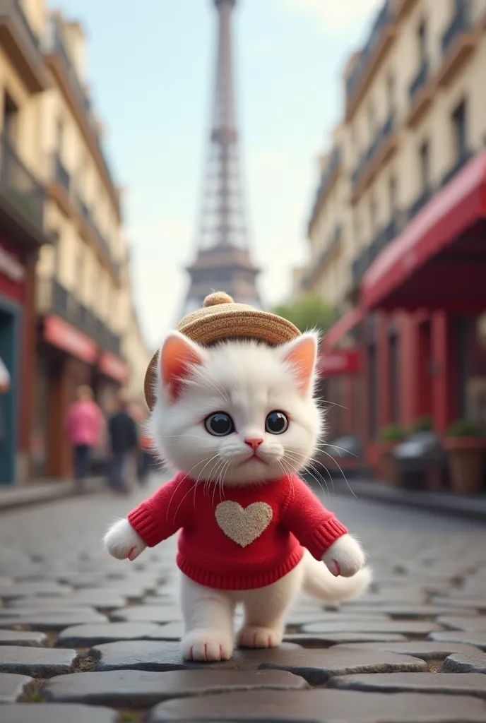  The little white kitten ,  Street with a view of the Eiffel Tower、Stylish hat、I'm wearing a red heart pattern sweater