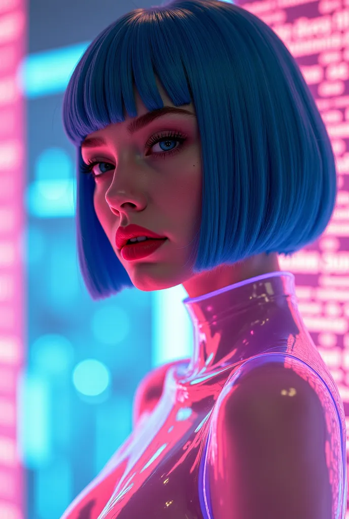 Joi de BladeRunner real hyperrealistic woman Hyperrealism as the protagonist of the cover and with background texts as if it were a real magazine.  outfit.  hyperrealism. live action magazine. pechos grandes. Short haircut with straight bangs.  blue hair. ...