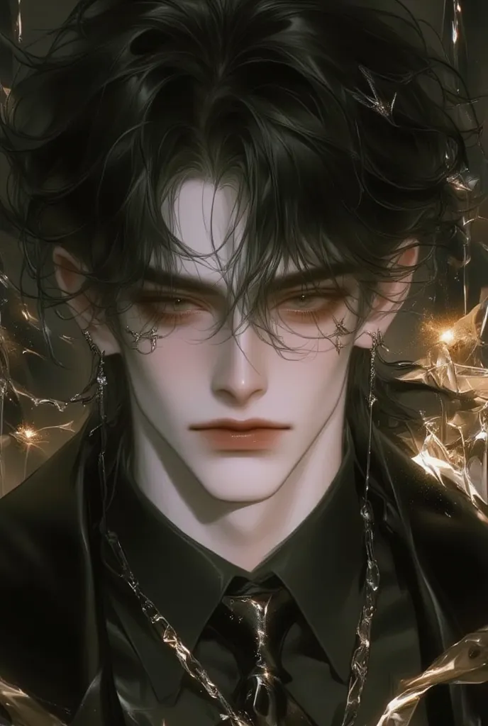  Male, completely black hair, long bangs, emits a little messy, looks very messy, , fluttering like a moving shadow,  dark amber eyes ,  aggressive , Fascinating,Golden color of light,4K,images,Hand drawn, realistic painting , oil paint ,quiet environment,...