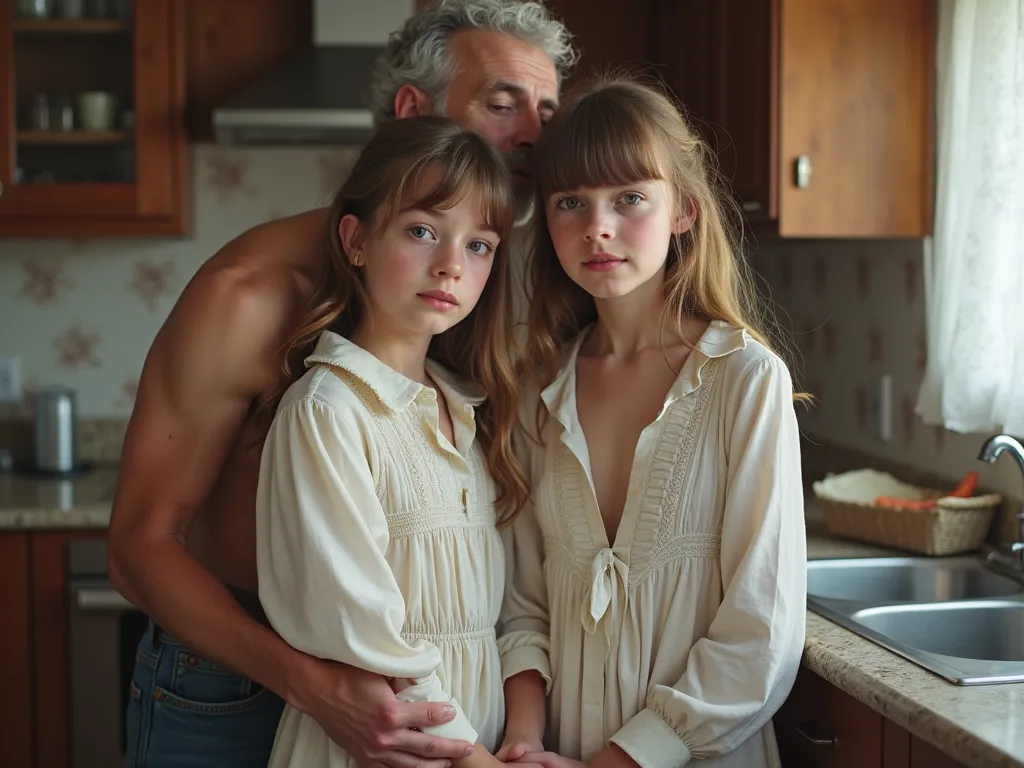 Photo of a two Beautiful Young 10years russian Girls sisters, Wearing bangs, long sleeves, collared dress, and white stole around her neck, Sweating, open blouse, Large U Cut Cleavage exposed, Standing in Kitchen and Washing her dishes, A Shirtless Old man...