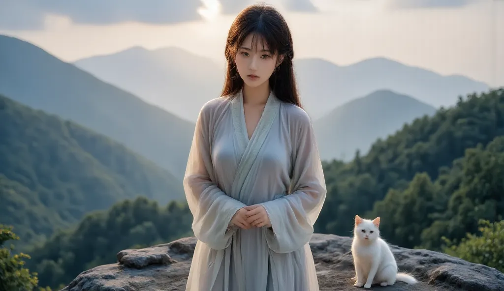 A semi-realistic illustration of a young woman standing alone on a misty mountaintop just before dawn. She wears a modernized Hanfu-inspired outfit, slightly worn and dusted with dirt, showing the hardship of her journey. Her hair is slightly messy, strand...