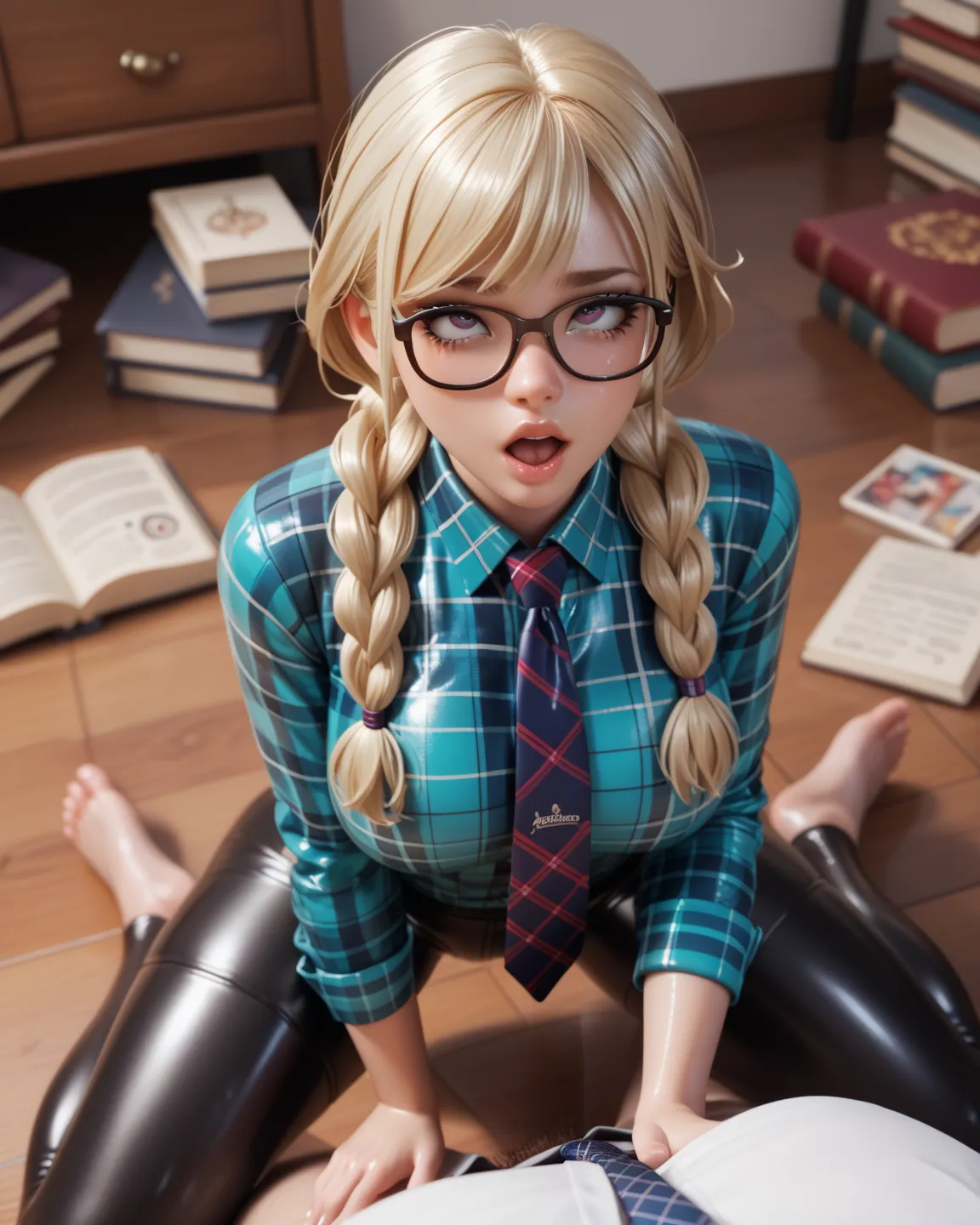   girl, Sits on the floor in the apartment,  in an extremely tight silver-shiny latex polo shirt, low double braids , blonde hair,  eye-rolling,  Faltenrock , flannel pattern  , necktie,   very strong shiny skin, NERD glasses, Book in hands,  moan, isometr...