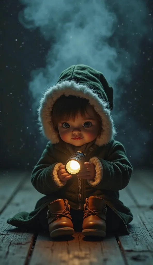 " a small , sitting on a wooden floor in a dark and mysterious environment, holding a small flashlight that emits a soft and warm light. The  is dressed in a dark green coat, brown boots and a hat with white plush details surrounding, that partially covers...