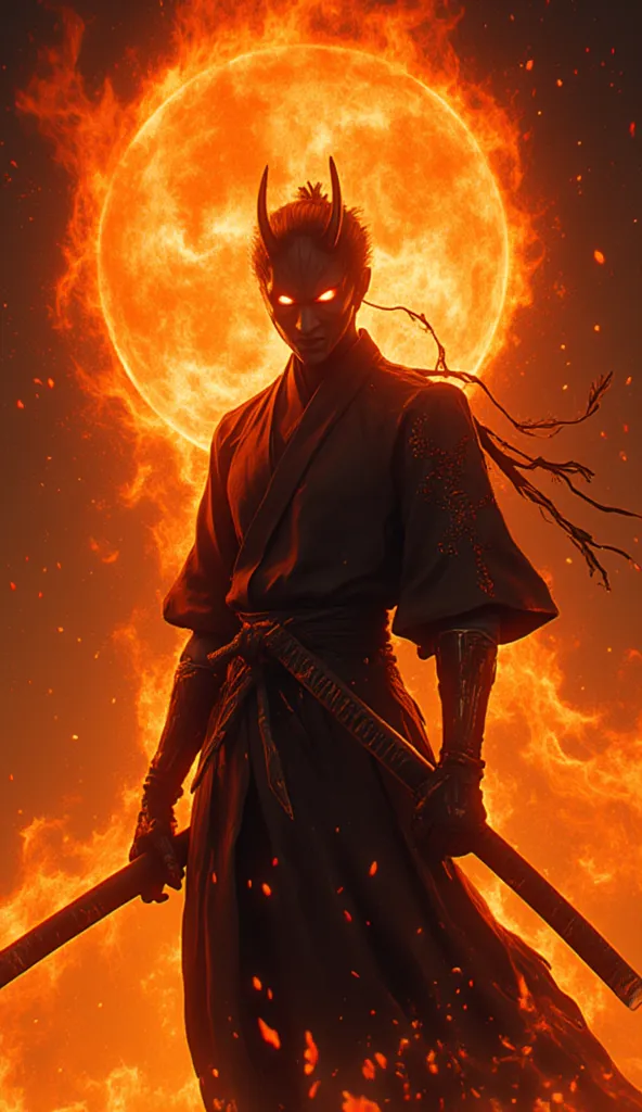 This image features a stylized, dramatic depiction of a warrior or samurai, set against a fiery background. The figure is adorned in traditional armor and holds a sword, with intense light and flame effects surrounding them, likely symbolizing power or con...