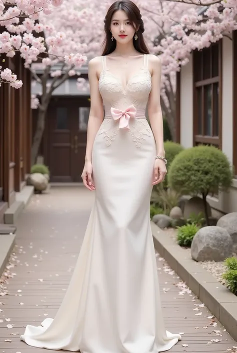 a woman standing elegantly in an outdoor setting adorned with cherry blossoms. She is wearing a fitted, ivory-colored gown featuring delicate floral lace details on the bodice and a soft pink bow around her waist. The dress has thin straps and flows gracef...