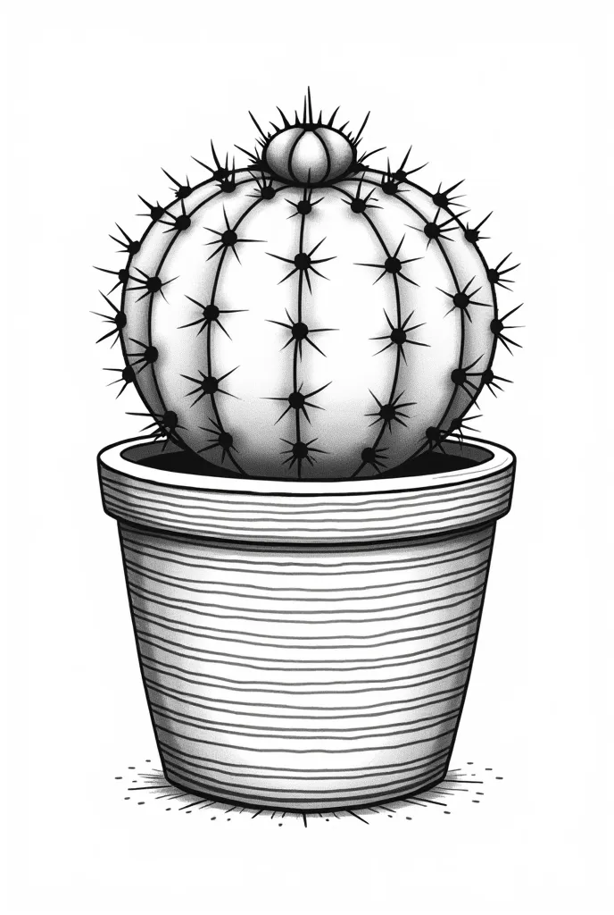 Create a black-and-white vector illustration of a round cactus in a decorative pot. The cactus has a segmented, ribbed structure with vertical lines and a small flower or nub at the top. The pot features a striped or patterned design, adding visual interes...