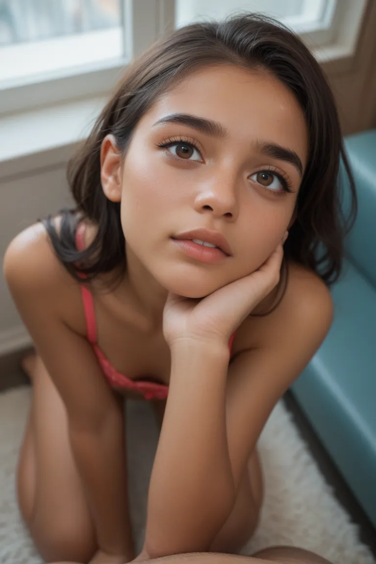 Young petite latina looking up on knees pov Eyes nervous hand around neck