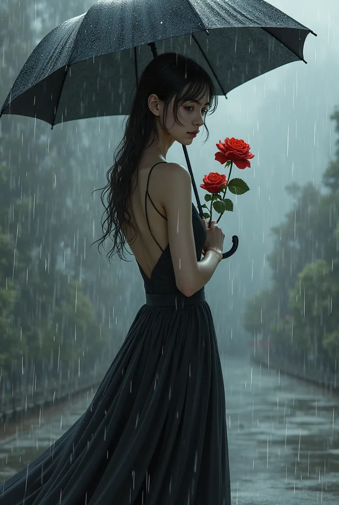 A girl in a black dress holding an umbrella and two roses in her hands, Bad weather, rain, view from below, perspective