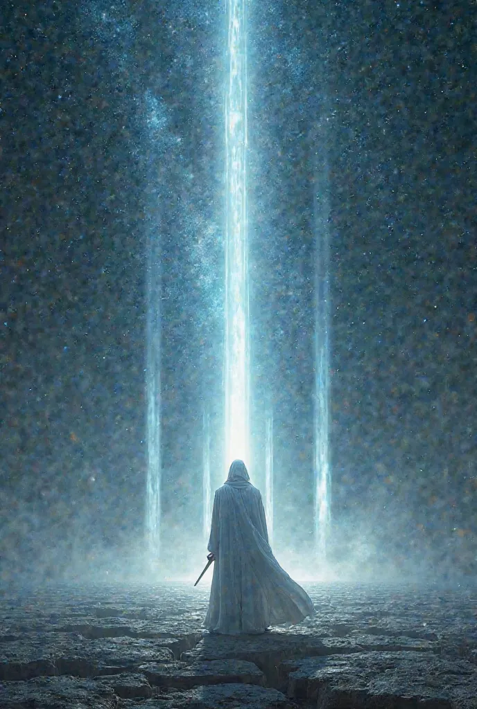 Wide view,vast cosmic sky,bright stars,1 shadow who stood with his back towards him photo,wearing long white,long robe,holding sword in hand,empty surroundings,ground cracked open and there were rays of light,large columns of light facing the person,covere...