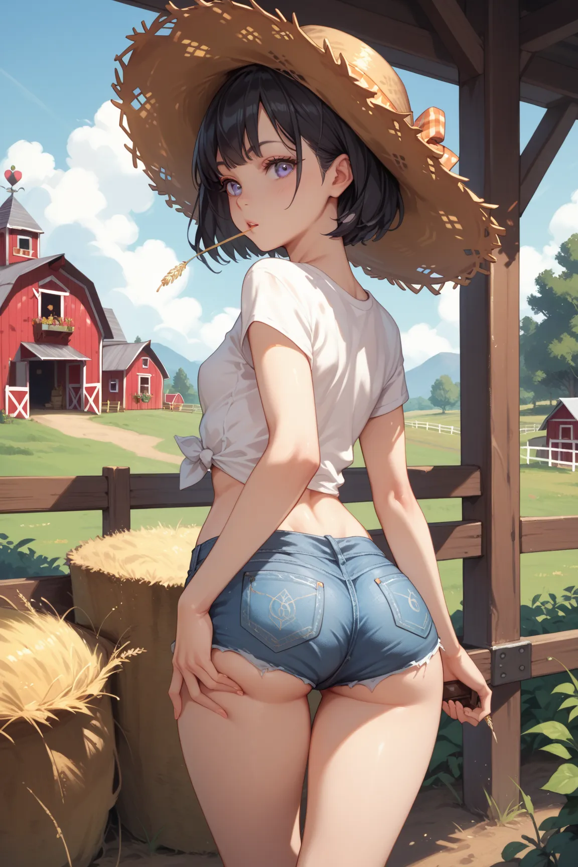 Skinny Girl ,  Black hair ,  short hair,  grey eyes,  small breasts ,  wide hips, denim shorts, white shirt, farm, straw hat, rear view