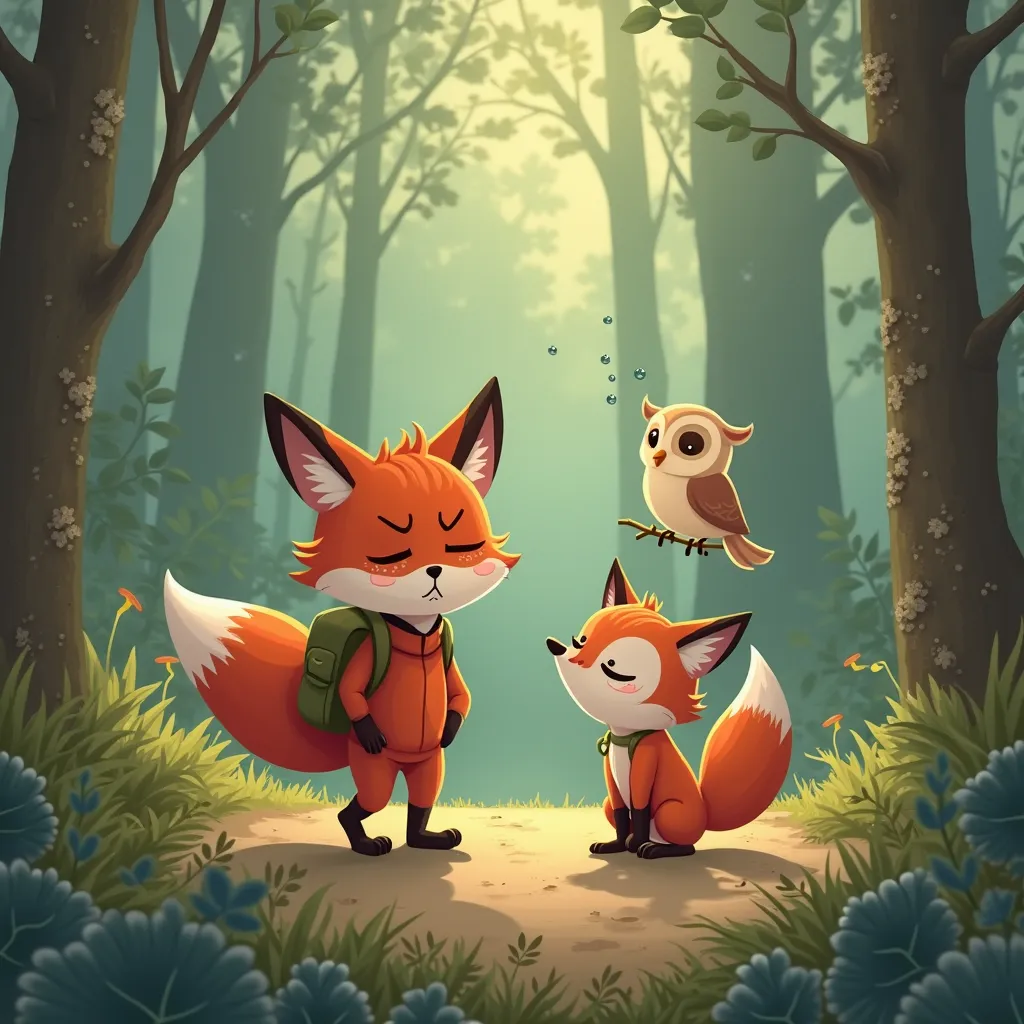 one photo as a Red little cartoon fox with a backpack on his shoulders walks in the forest sad and crying behind a flying owl the second Oto de Rouge a small cartoon fox with a backpack on his shoulders attentively hearing an owl sitting in a nyo on his sh...