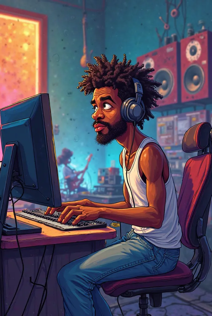 Cartoon photo of an African  lager with low shabby hair inside a music studio wearing a clean white vest and baggy jeans looking at the monitor wearing headphones facing back
