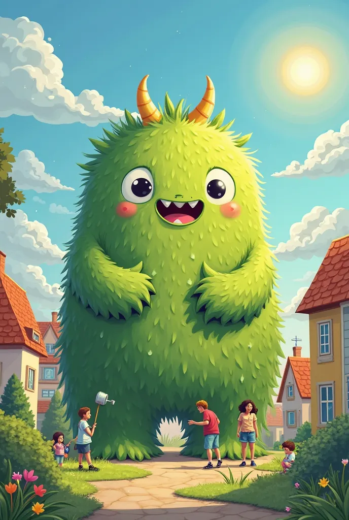 I understand you now! Let's focus on "The cute monster" } which represents the neighborhood, with the addition of creative touches that make it unique and distinctive.. إليك  Idea  المعدلة:

---

** Idea :**  
"**. A drawing of a huge and friendly 'cute be...