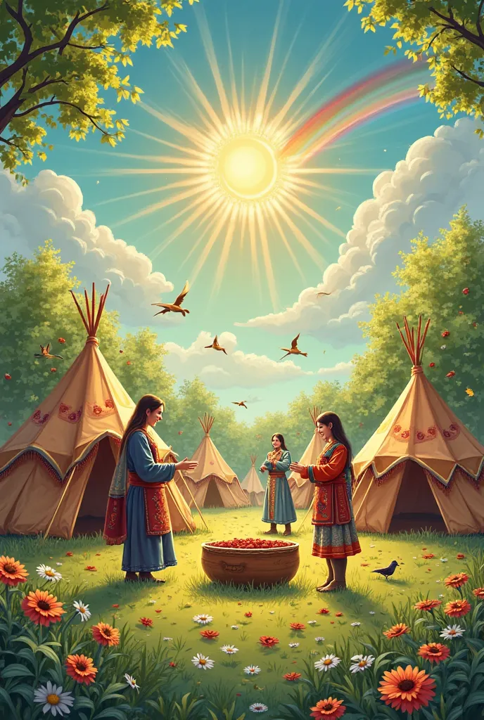 "Against the background of green spaces, illuminated by the bright spring sun, depict traditional Kazakh elements — tents,  decorated with flowers , and people are standing nearby traditional Kazakh elements — tents — tents — are depicted in national costu...