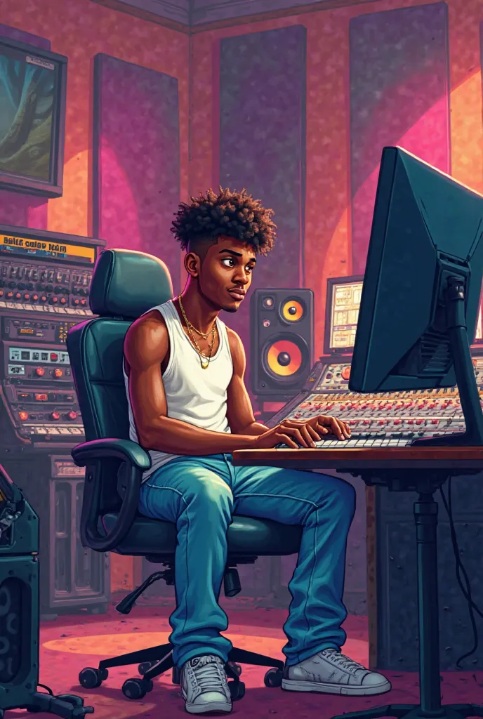 Cartoon photo of an African ager with low cut hair inside a music studio wearing a clean white vest and baggy jeans, sitting looking at the monitor wearing headphones facing back 
