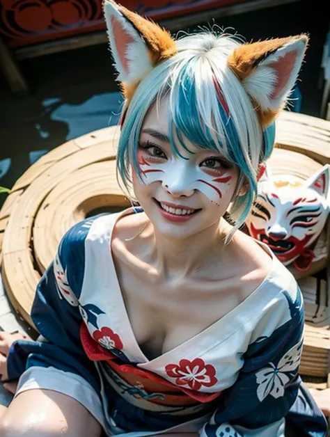 ((best quality)), ((masterpiece)), ( details), one girl, (white European:1)、(beautiful shiny light blue hair、beautiful eyes)、(droopy eyes:1)、Fresh lips,lying on your back on the bed、( full body shot :1)、(Red and white fox mask:1,yukata:1.4),(wet skin:1),((...