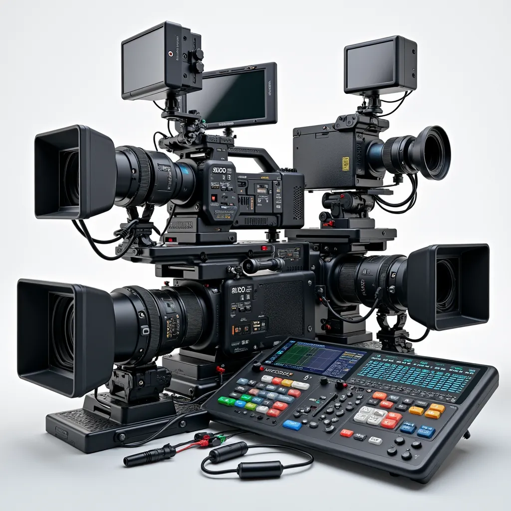 "A composition of professional audiovisual production equipment, including high-quality video cameras, a cinema camera with a detachable lens, white and black PTZ cameras for streaming and remote production, a video switcher with colored buttons for live b...