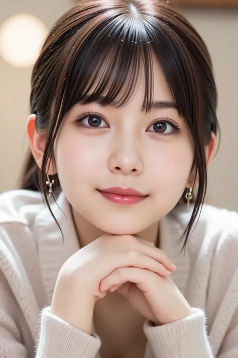 The face is positioned exactly in the center of the image, Cute pose、resting chin in hands , 's entire head is fully reflected , Face clearly visible, black hair、bungs, smile, Young and cute Japanese faces , Hi-Res CG Unity 8K Wallpaper, in white for summ...