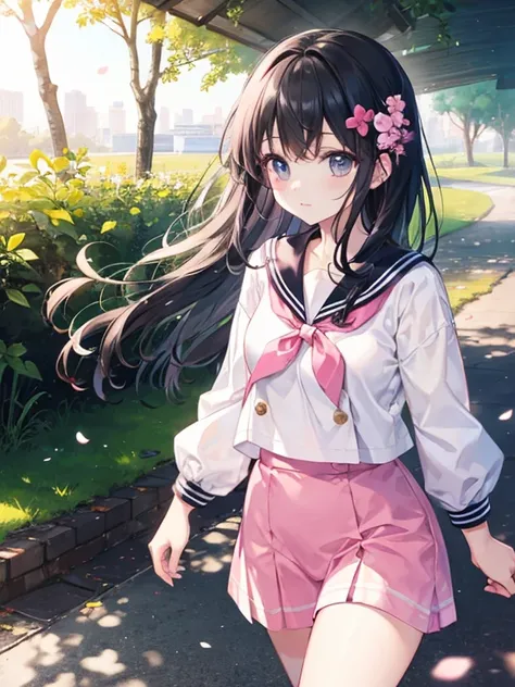  Best picture quality，Soft Sunlight， A Lovely  ， walking in the park ， small breasts，long black hair，Wear a pink and white sailor suit，Thin eyelashes  