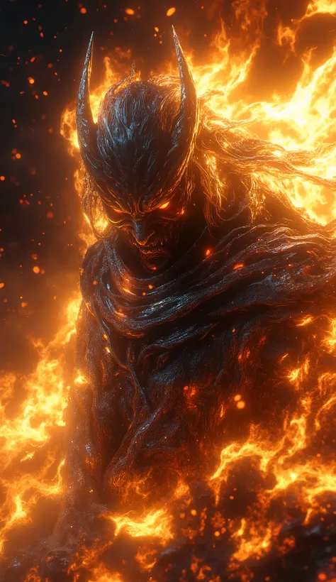 This image features a stylized, dramatic depiction of a warrior or samurai, set against a fiery background. The figure is adorned in traditional armor and holds a sword, with intense light and flame effects surrounding them, likely symbolizing power or con...