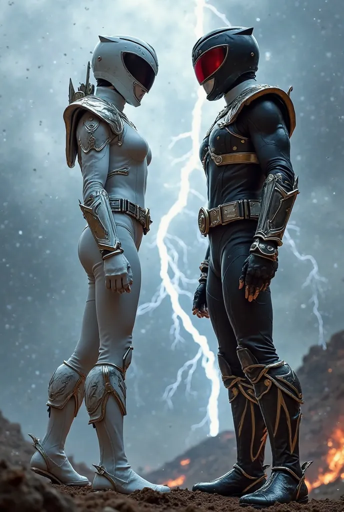 "A high-definition scene of the White Ranger and Black Ranger facing each other in a dramatic showdown, showcasing their full-body armor from head to toe. The White Ranger’s sleek, white armor gleams with silver accents, and her graceful yet powerful stanc...