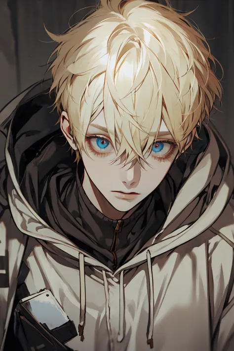  blond boy, hoodie, skate, Dirty Hair, (eye:1.5),赤いeye,injury,