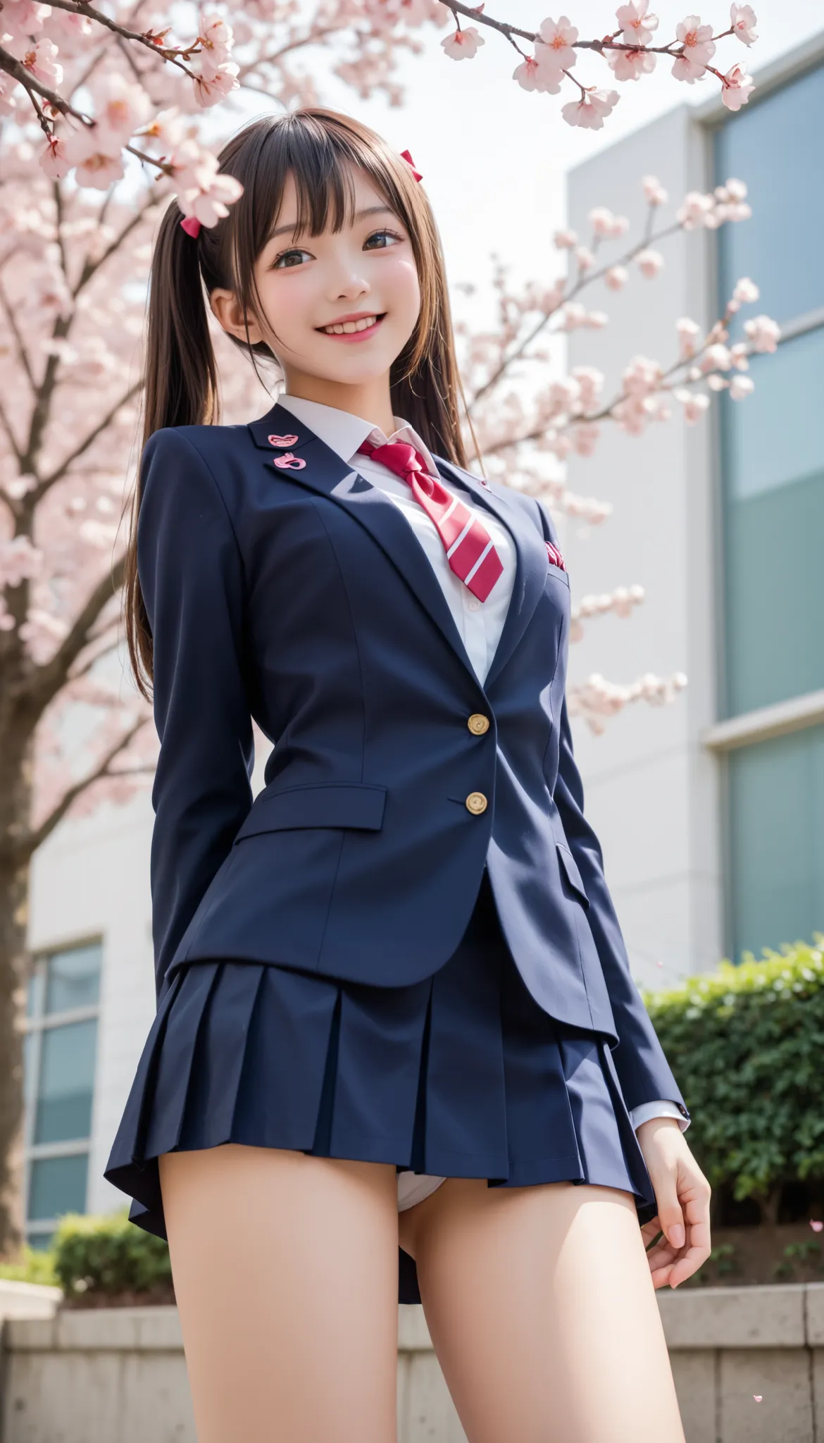 驚異的に可愛い日本の少女が高校Entrance Ceremonyでポーズをとっています 、 High school student uniform with cherry blossoms scattered all over, (Entrance Ceremony)、 、( between thighs 、  Sisters、High sexual desire、 are dying to have sex )、   Gravure idol with realistic young face    , ...