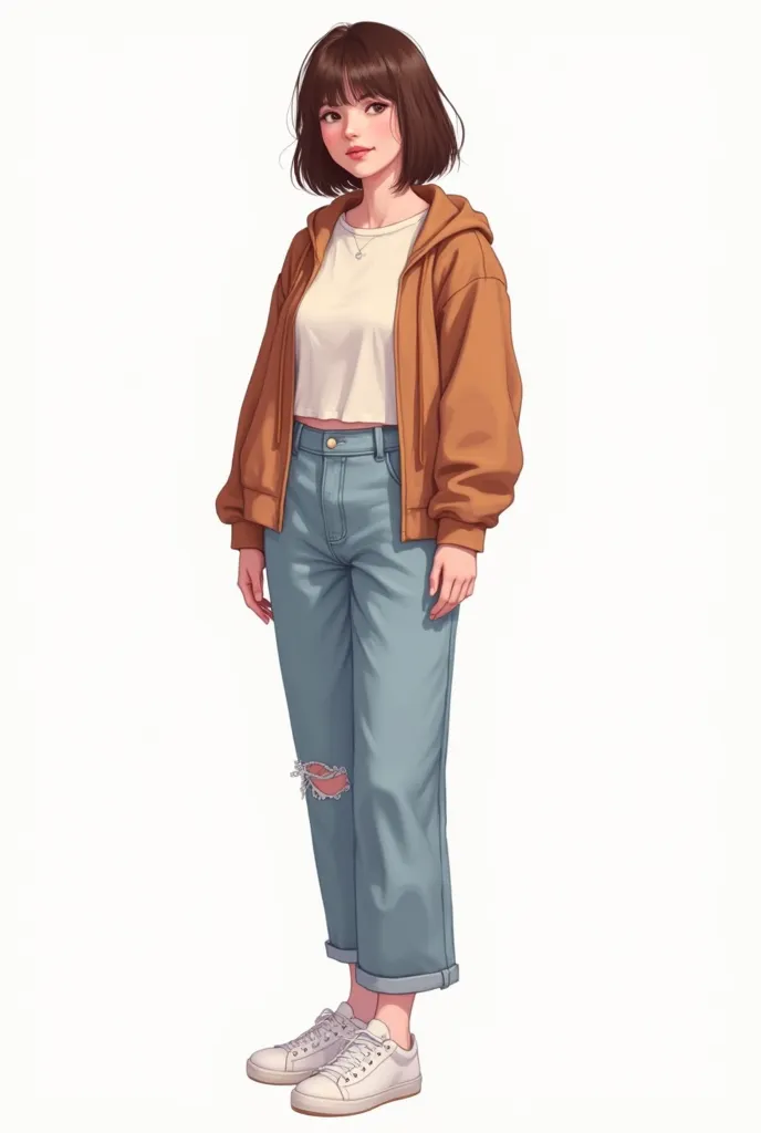 Character design,
20-year-old female,
casual clothes,
semi-long brown hair,
Persona 4 style,
(full-body composition: 1.5),
white background,
white shoes,