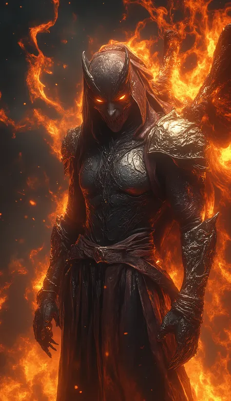 This image features a stylized, dramatic depiction of a warrior or samurai, set against a fiery background. The figure is adorned in traditional armor and holds a sword, with intense light and flame effects surrounding them, likely symbolizing power or con...