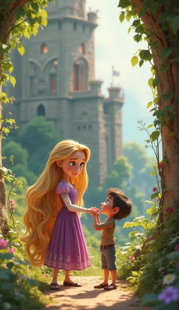 Rapunzel was scared at first, but gradually, they became good friends and then started liking each other.

Geenrate in cinematic 3d cartoon style