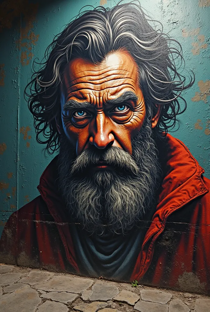 Bearded mountain man 3D effect ultra-detailed intricate insanely full HD graffiti painted on wall, photorealistic digital painting cinematic film light, expressive eyes, artstation quality, masterpiece, dramatic angle shot, facing the camera, cat carving o...