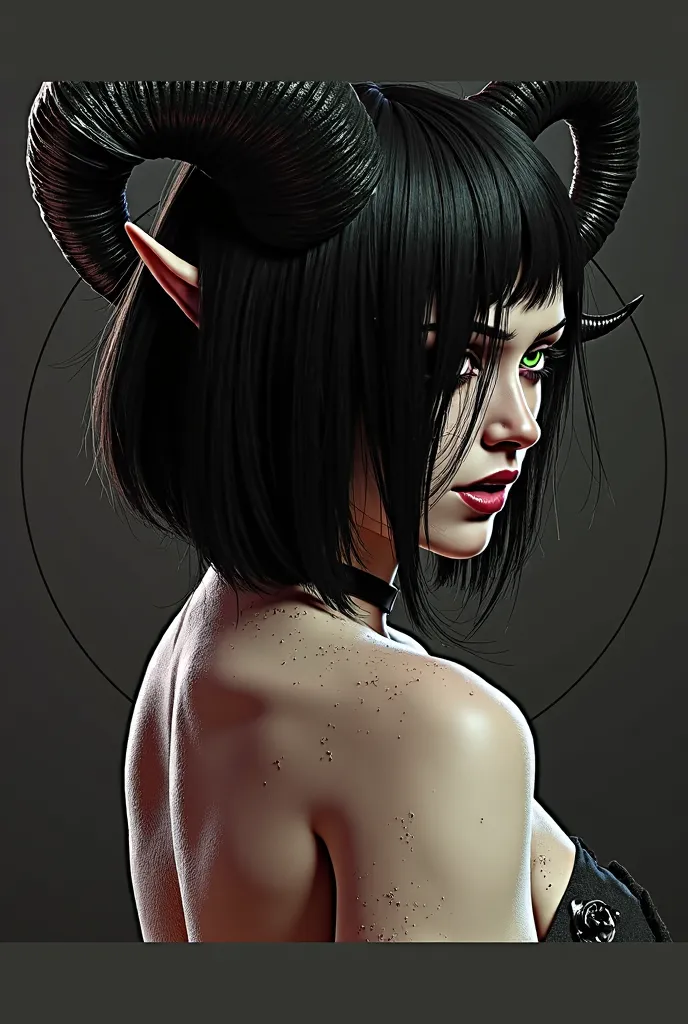 Seductive succubus girl with a bob: black hair, curved horns and pointed elf ears. Green eyes, makeup slightly smudged. Voluminous bust, perfect nipple piercings, highly detailed face, highly detailed eyes, perfect eyes, big eyes, dark eyeliner, messy hair...