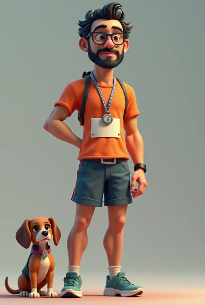 a 3d avatar of a serious 42 year old psychiatrist in running clothes and marathon medals. His hair is wavy black split in half and wears glasses without a beard, And he is with a beagle dog that he loves a lot 
