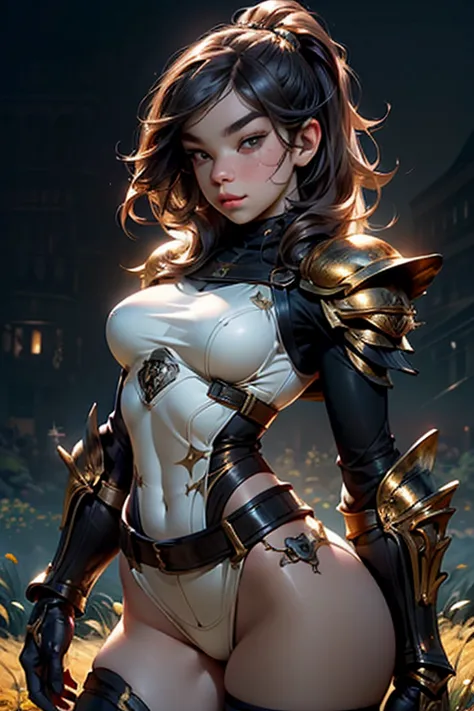 Medieval female warrior princess(Hailee Steinfeld),ha1leest-smf, beautiful face, form fitting heavy armor(black and gold), athletic physique, exposed thighs, breast plate, long black hair, hazel eyes, , background open field, beautiful detailed eyes, beaut...