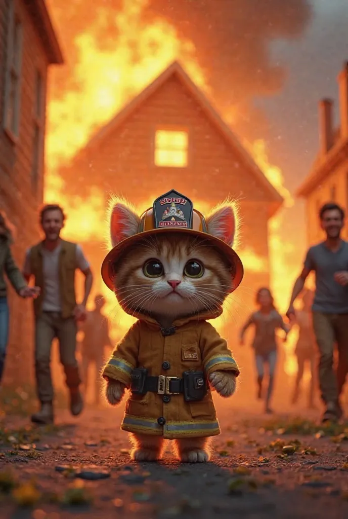 In 3d Pixar animation little kitten using fireman uniform. Background, house on fire with some humans screaming and running for help