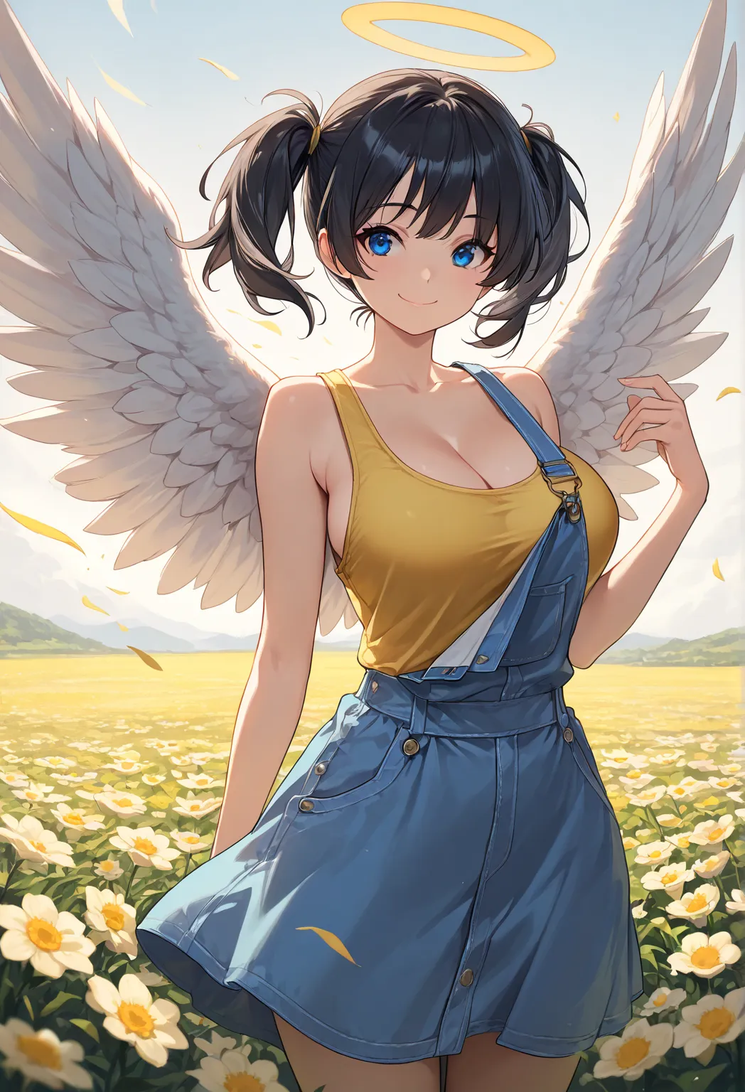 masterpiece, best quality, cowboy shot, solo, 1girl, short hair, silky hair, black hair, twin tails, large breasts, blue eyes, Smile, Closed mouth, Super Detailed, baggy yellow tank top, Halo, angel wings, blue dress with overalls, strong wind, cleavage, H...