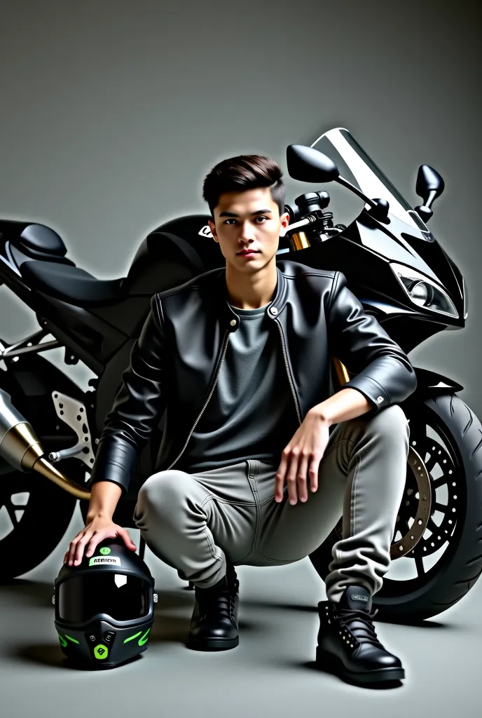 
"Background composed from a dark gray wall with a black-and-white geometric pattern {x} A handsome young man with dark hair in modern style sits casually in front of a black Kawasaki Ninja sports bike. He wears a black leather jacket with modern accents, ...