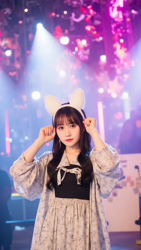 "A mystical Japanese fox spirit (kitsune) disguised as a modern Japanese female idol. She has fox ears on her head and a fluffy fox tail. She wears a stylish idol outfit with intricate details, resembling a pop star. Her pose is energetic and playful—both ...