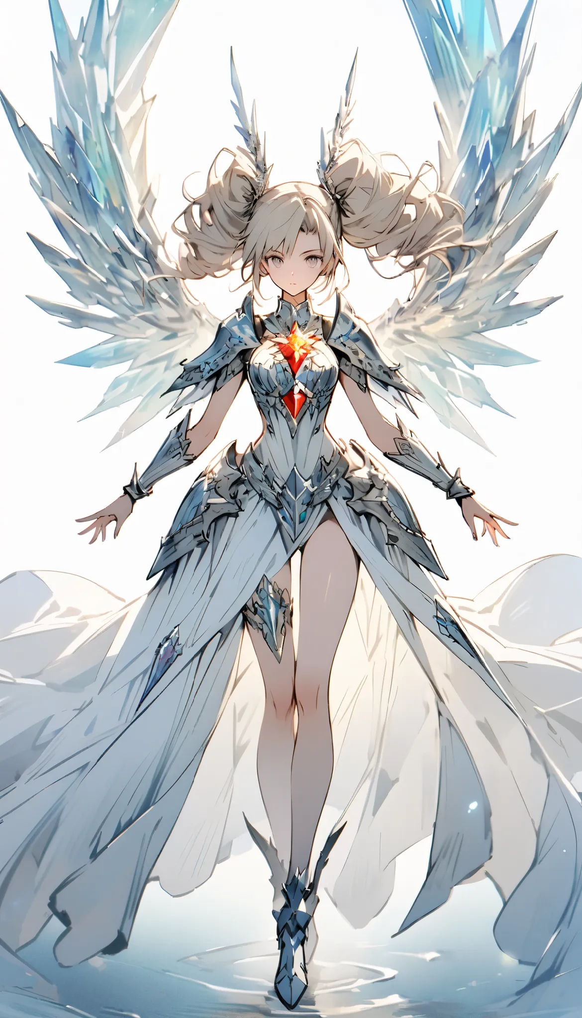 exquisite face，Valkyrie，Crystal Holy Knight，crystal full body plate，Armor，red crystal，Glowing gold jewel on the chest， perfect body proportions， double ponytail hairstyle ，Beautiful White Eyes，fantasy style，white background，Transparent