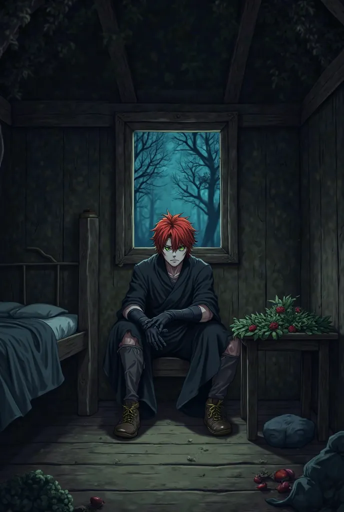  Scene description style anime:

Abram Gol Frien is sitting alone in a wooden hut, lit only by the moonlight, with a small window. His face is tired and tension. His bright red, wavy hair, slightly disheveled after sleeping, and almond, deep green eyes, in...