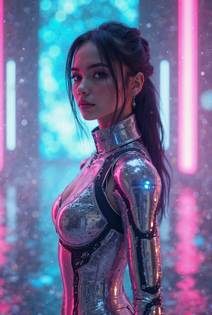 "A modern AI-powered social media star with a hyper-realistic face, wearing a high-tech bodysuit, live-streaming from a virtual metaverse world full of vibrant neon lights and 3D holograms."