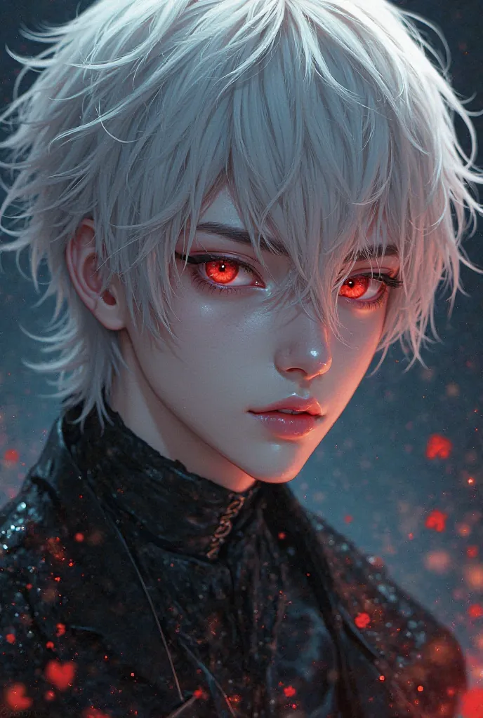 A handsome anime boy with white hair and red eyes. He's a vampire.