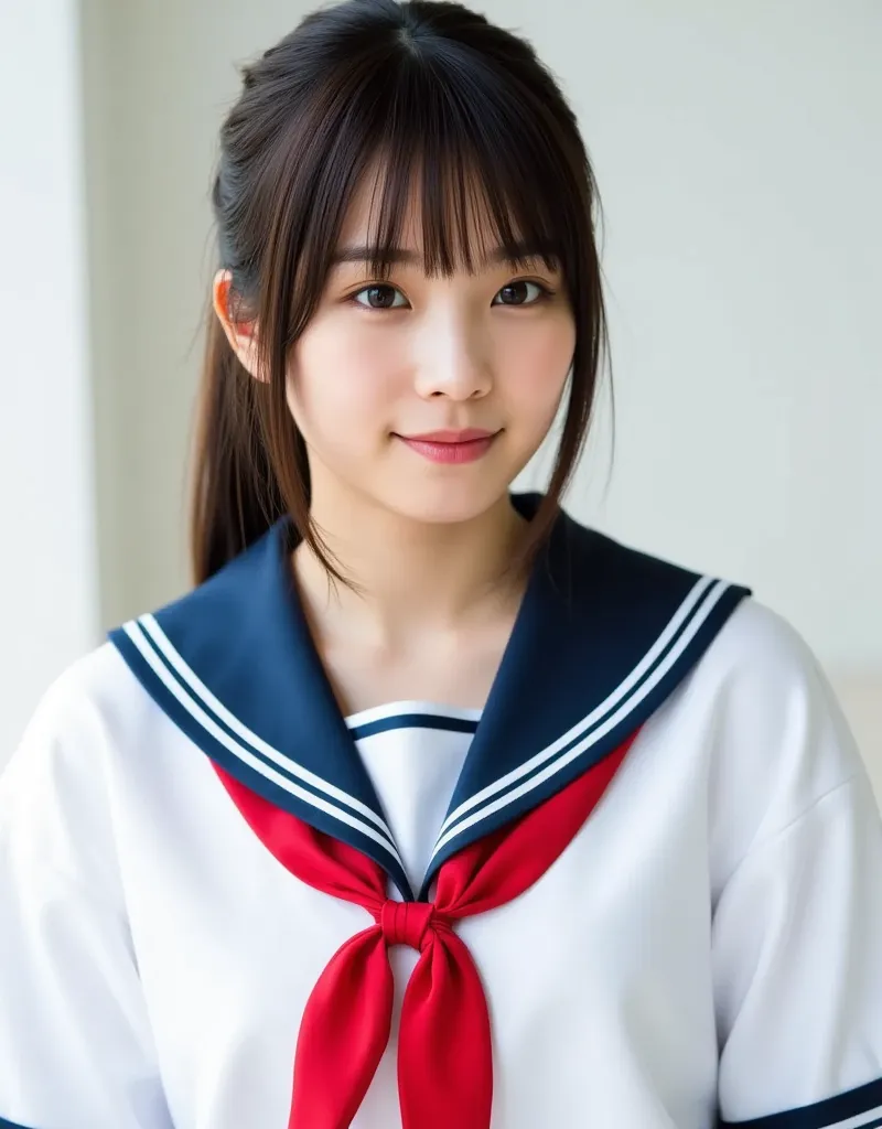 A beautiful 16-year-old Japanese high school girl in a sailor uniform with a red ribbon. Ultra high resolution, ultra high quality photos.