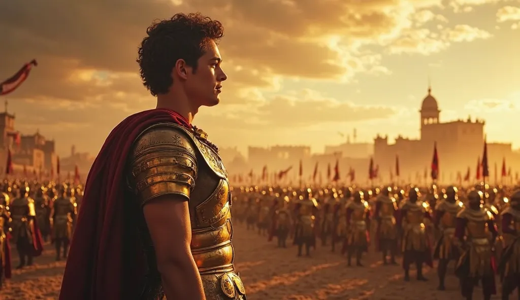  "A dramatic historical scene featuring a young Alexander the Great, just 20 years old, standing triumphantly over a vast battlefield. His golden armor gleams under the sun as he gazes at the horizon, symbolizing his ambition. Behind him, his mighty army, ...