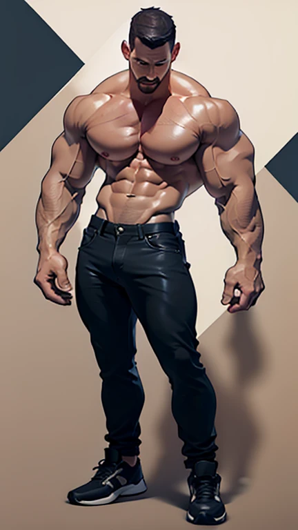 1man, bulky, muscular, handsome, older male, dark tan skins, no beard, thick black mustache, full body, black and large nipples, strong chest, flat abs, black background, a line art.