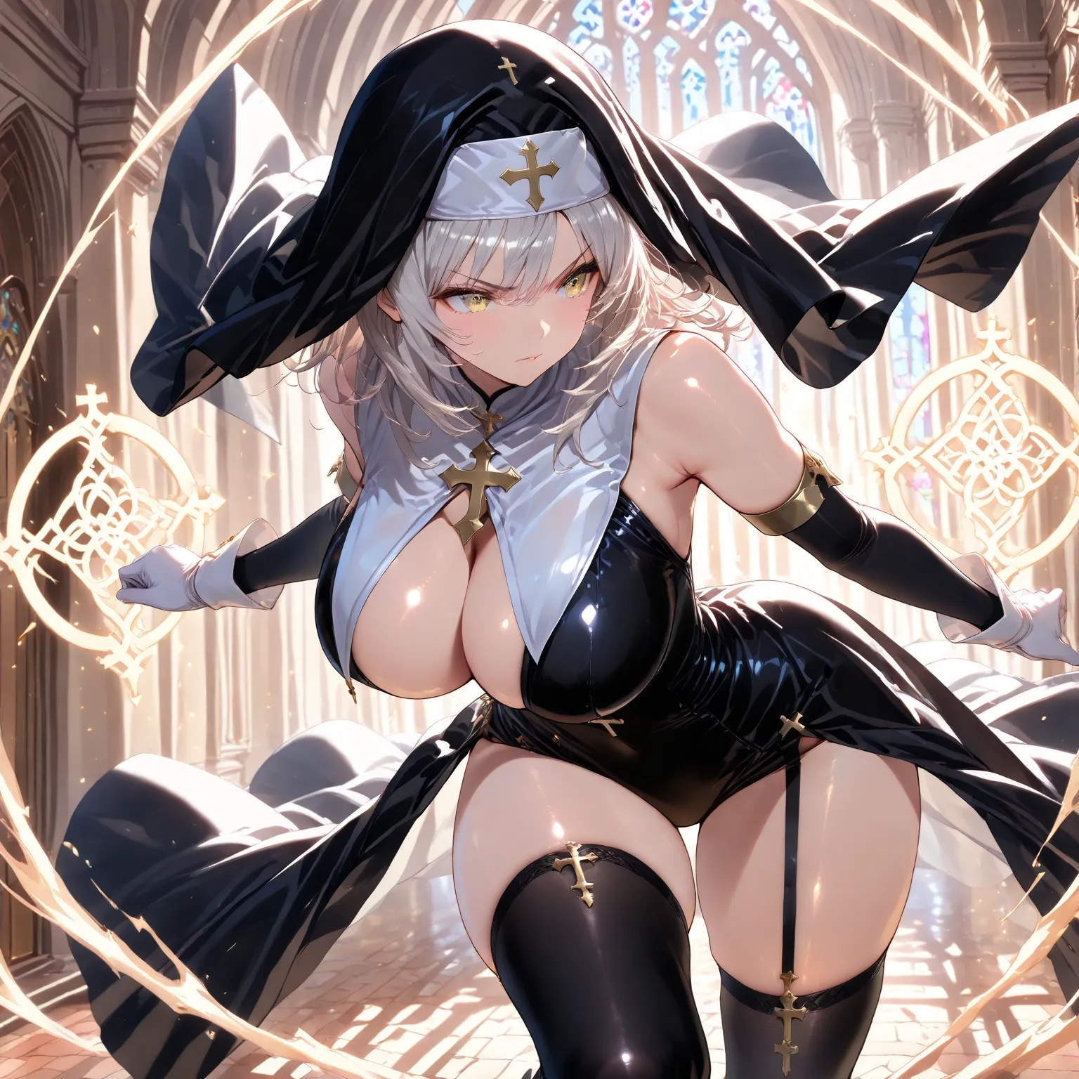 masterpiece, (((( best quality )))),shiny skin, detailed face,action, black stockings,nun,white gloves,,big breasts,thick legs,magic,, Fantastic,,xss