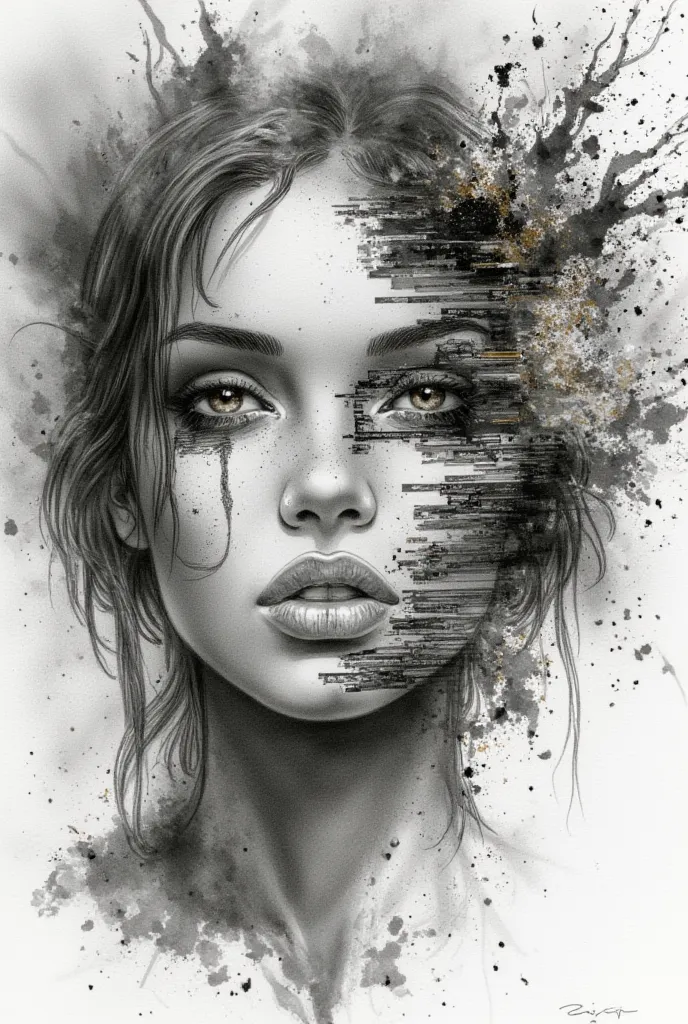 A surreal, high-contrast monochrome portrait of a beautiful female human face, distorted with glitch-like digital errors and fragmented brushstrokes. The face appears to be breaking apart into pixelated distortions, noise patterns, and overlapping layers o...