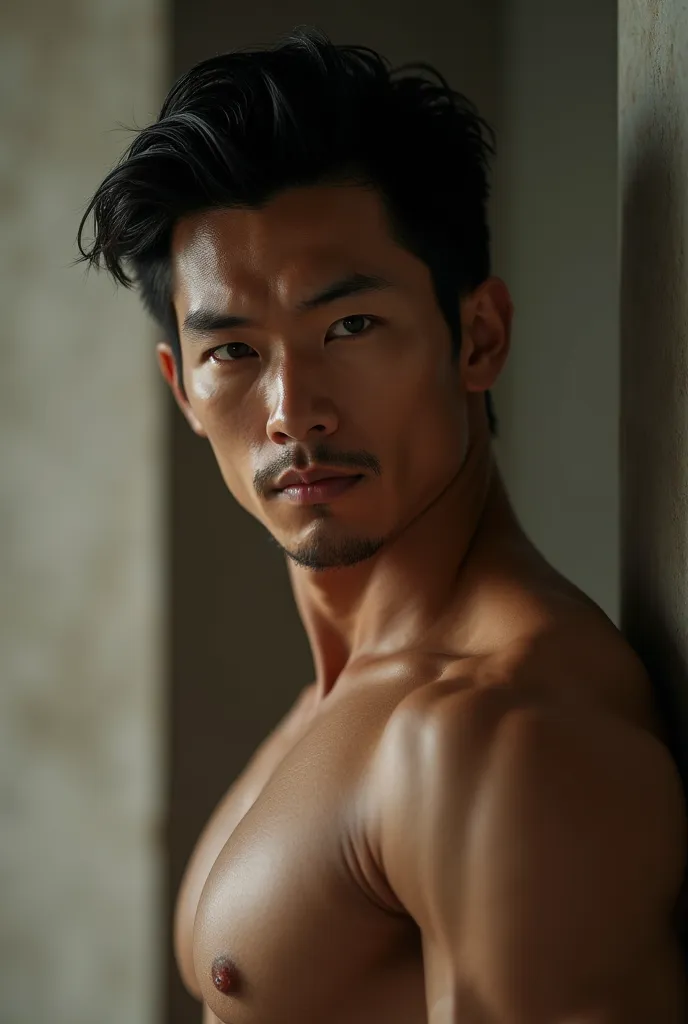 A male Asian man, strong, sexy, charming, look like someone that can hunt and put you in bed