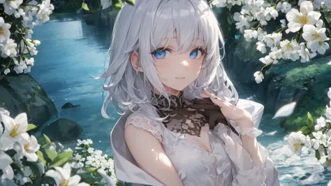  white hoodie、black shirt、Ultra HD,viewers, and, 20 years old, 非常にshort hair,  long bangs between eyes ,  pale blue eyes, in white for summer very detailed,(masterpiece、top quality),Gray Hair、Laughter、amazing,  Silver Hair,  iris, Small face、明るいsmile、(deta...